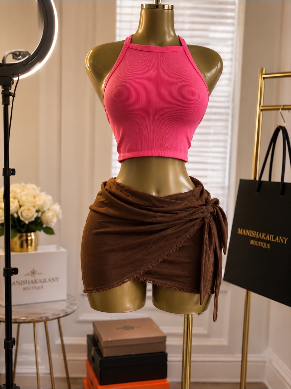 Brown Wrap Mini Skirt with Pink Halter Crop Top